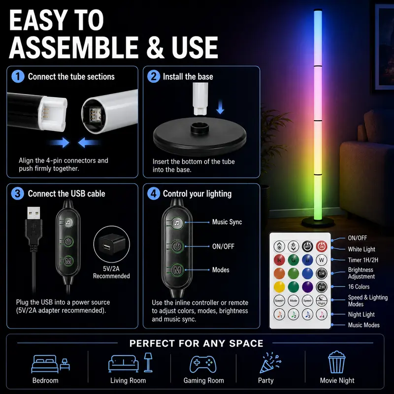 1PC/2PCS Smart RGBIC Floor Lamp, 4-Section Color Changing LED Corner Lamp with Music Sync, App & Remote Control, Timer, USB Powered Mood Light for Bedroom, Living Room, Gaming Room & Party Decor