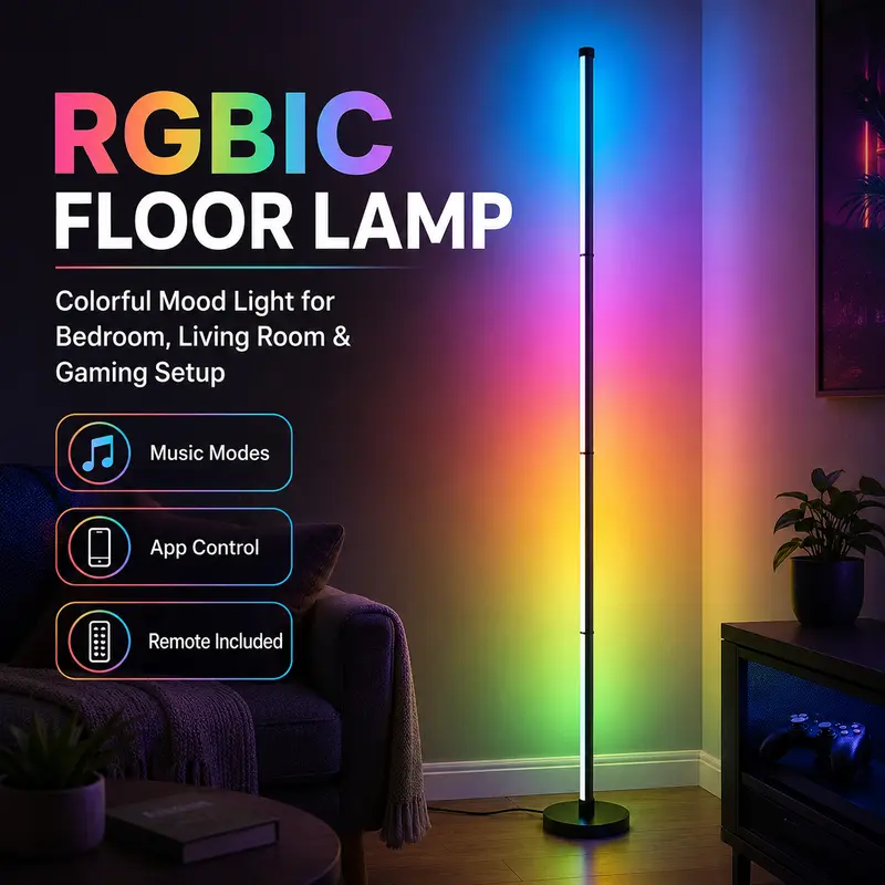 1PC/2PCS Smart RGBIC Floor Lamp, 4-Section Color Changing LED Corner Lamp with Music Sync, App & Remote Control, Timer, USB Powered Mood Light for Bedroom, Living Room, Gaming Room & Party Decor