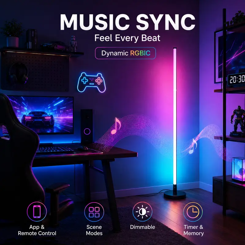1PC/2PCS Smart RGBIC Floor Lamp, 4-Section Color Changing LED Corner Lamp with Music Sync, App & Remote Control, Timer, USB Powered Mood Light for Bedroom, Living Room, Gaming Room & Party Decor